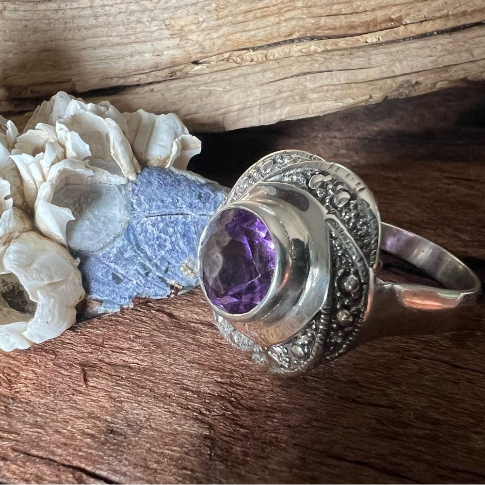 Artisan NWT Bali Ring Faceted Amethyst Sterling Flower Large Purple Spring 8